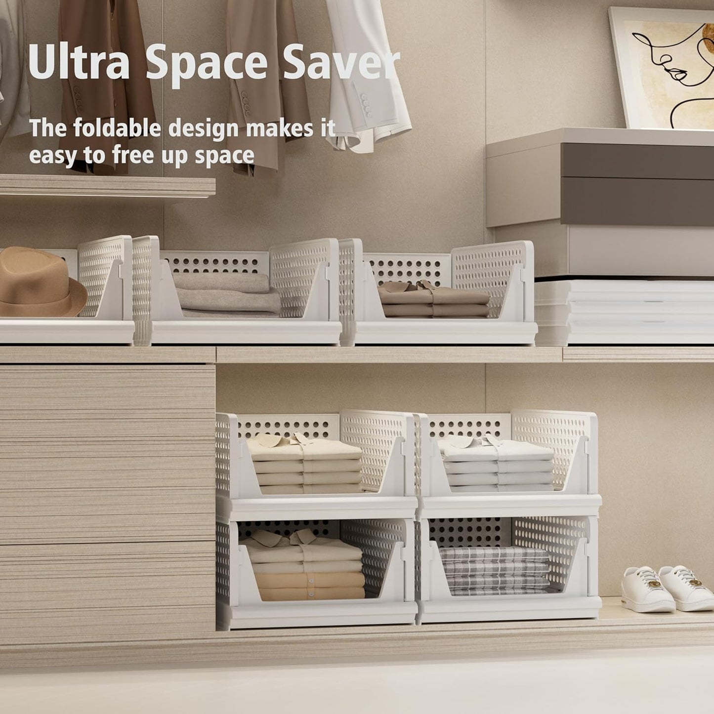 Proarea Stackable Storage Bins - 5 Pack Foldable Closet Organizers for Clothes | White Plastic Baskets