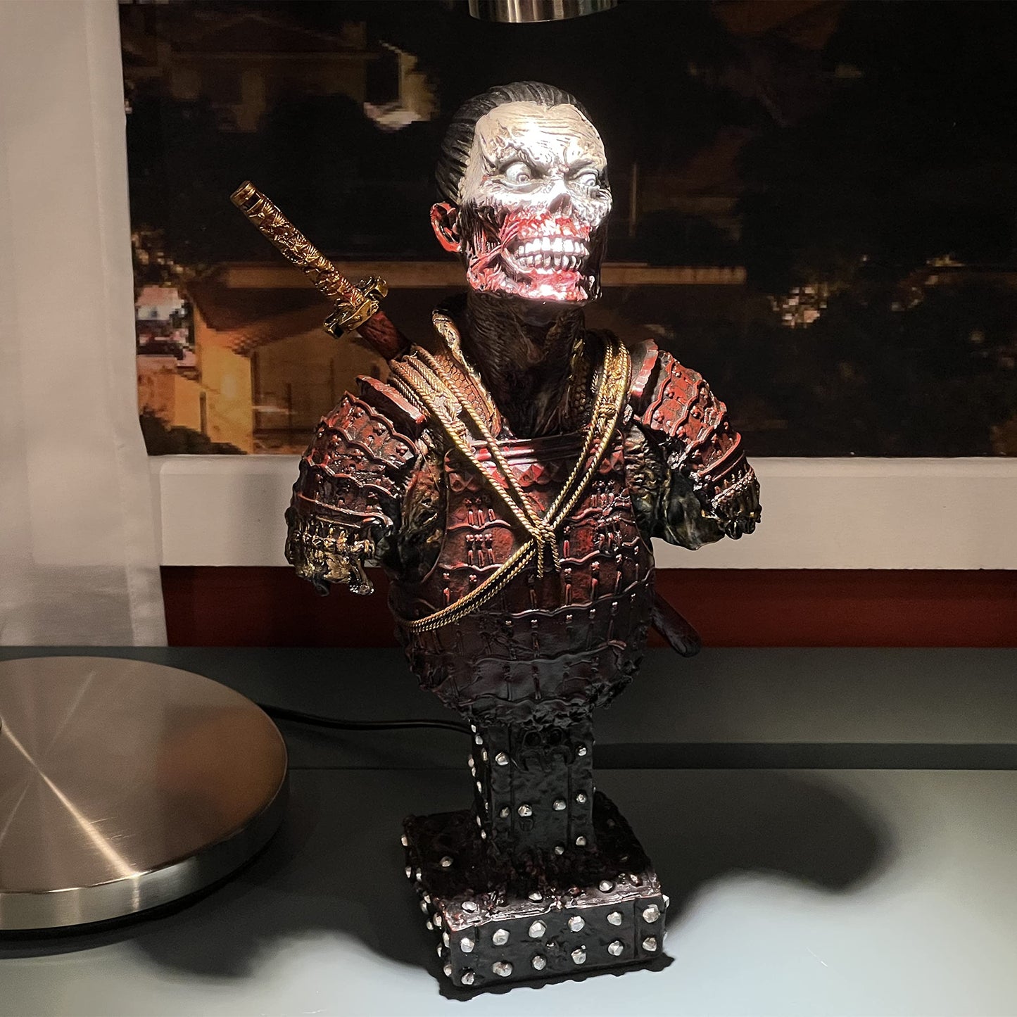 LOOYAR Undead Samurai Zombie Resin Bust Statue for Home Office Decor (Red)