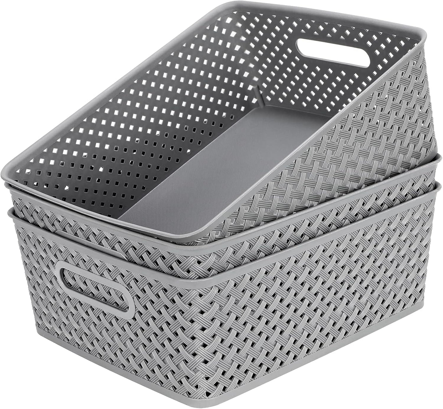 MaxGear Plastic Bins Organizer - 3 Pack Woven Storage Baskets with Handles | Large Grey Bins for Home & Office
