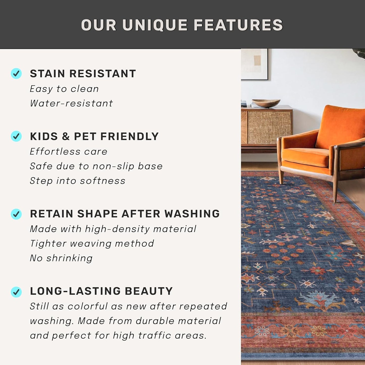 Skiennix Large 3x5 Kitchen Rug - Non-Slip, Machine Washable, Stain Resistant | Tribal Farmhouse Décor (Navy Blue)