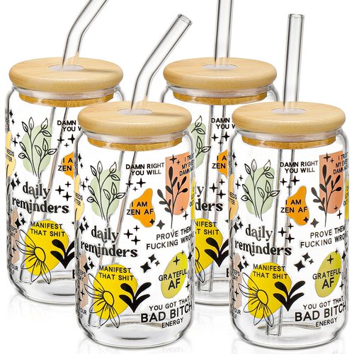 DWTS DANWEITESI Glass Cups with Lids and Straws with Design 4 pcs（Daily Reminder）,Clear Glass Cups 16 oz-Glass Tumbler,Cute Design Glass Iced Coffee Cups Mental Health Positive