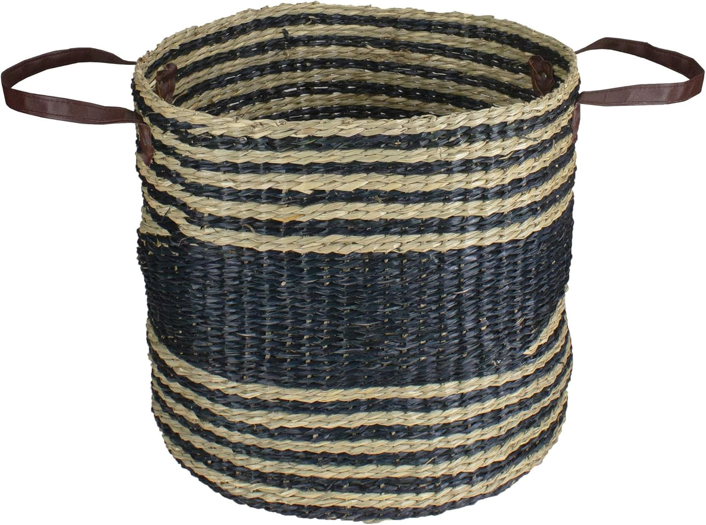 Skiennix 15" Beige and Black Woven Seagrass Basket - Stylish Storage Solution with Handles