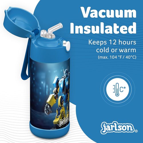 Jarlson® Kids Water Bottle CHARLI | 12oz Stainless Steel Insulated Thermo Bottle with Straw - Spill Proof for School & Sports (Robot)