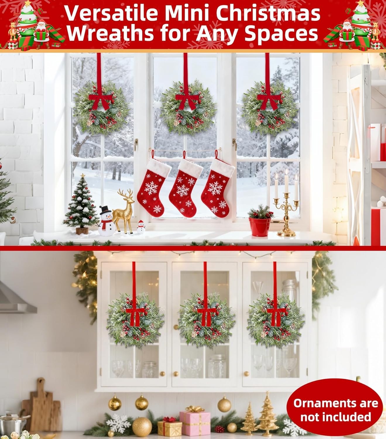 Skiennix Flocked Christmas Candle Rings - Mini Wreaths with Snowy Pinecones & Red Berries | 10"x3.5" Centerpiece Decor