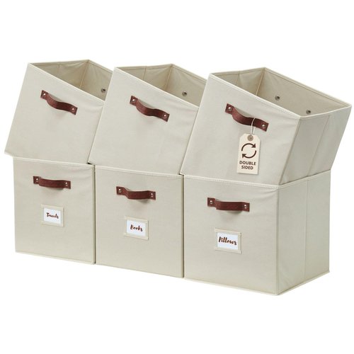 DECOMOMO Storage Cubes, 13x13x13 Storage Cube Bins with Labels, Fabric Organizer Bins (13" / 6pcs, Beige)
