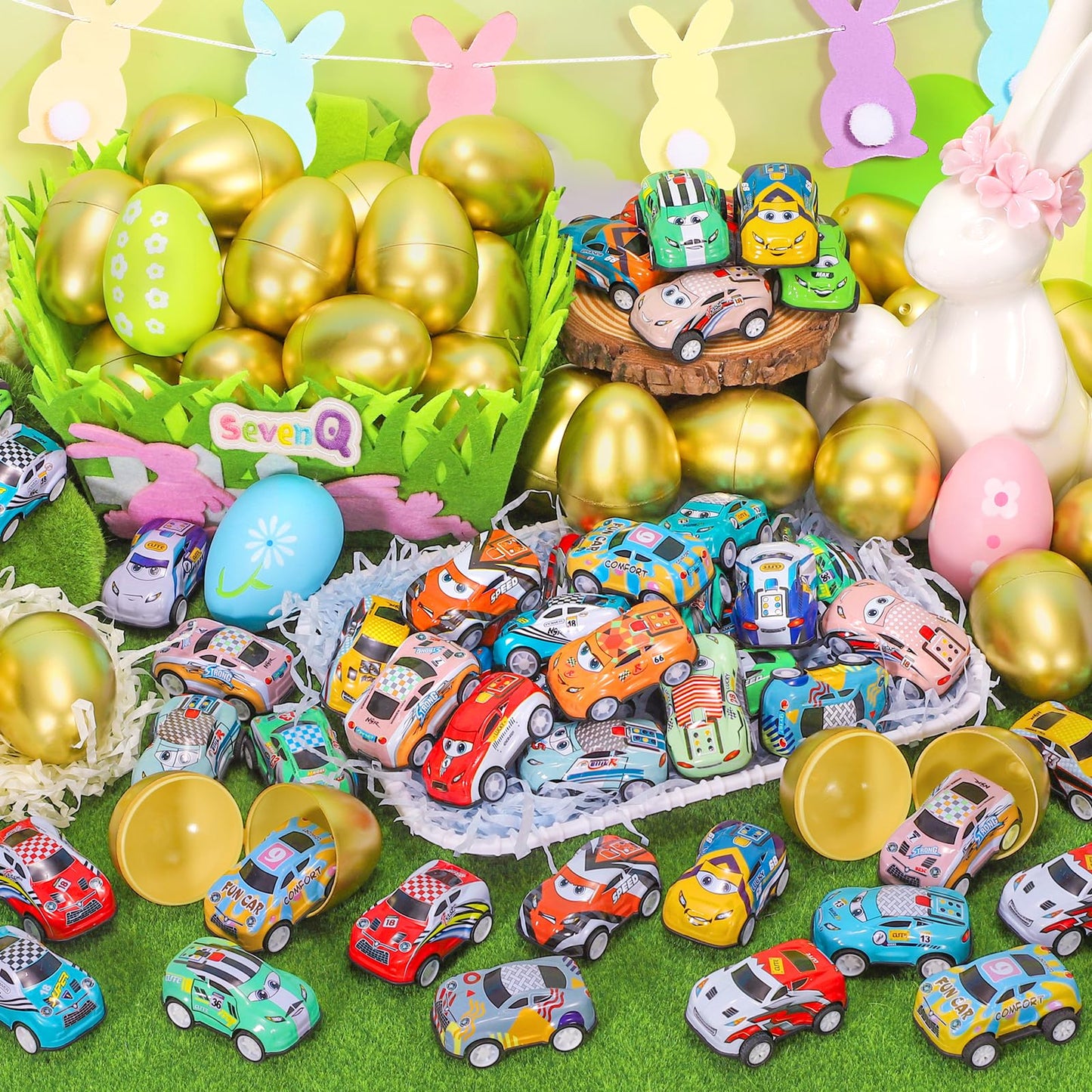 SevenQ Toy Cars Easter Basket Stuffers 24 Pcs, Prefilled Easter Egg Fillers Race Car Party Favors for Kids Birthday Goodie Bag Treasure Box Toys for Classroom Treat Prizes Pinata Egg Hunt Supplies