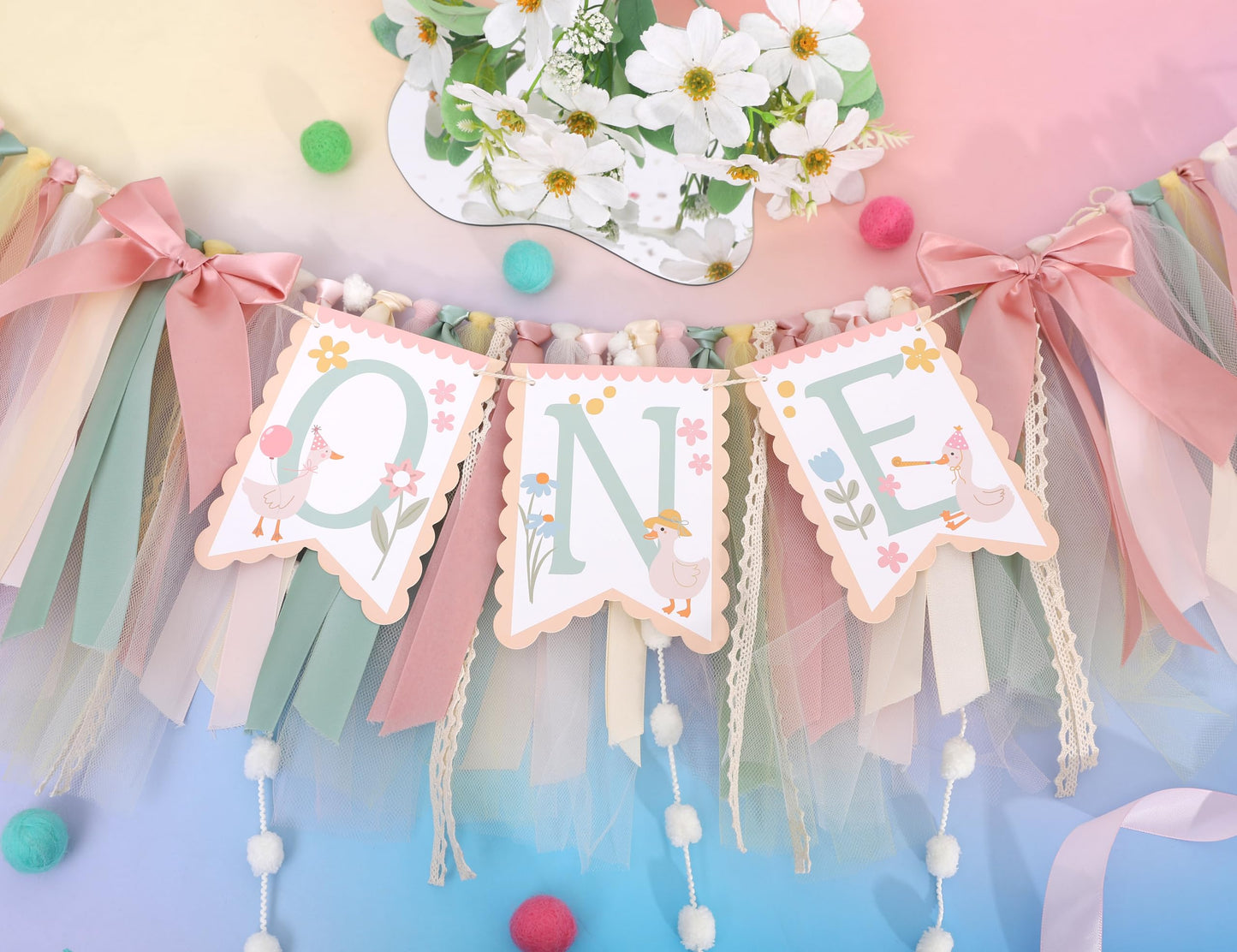 One Happy Goose High Chair Banner - Sweet 1st Birthday Party Decorations,Colorful Highchair Garland with Bow Ribbon,Little Goose First Birthday Banner Photo Props,Fun Geese Lawn Party Supplies