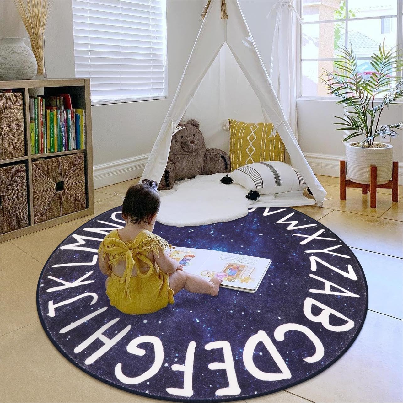 LIVEBOX Space Play Room Round Kids Rug for Boy and Girl, Circle Alphabet Washable Rug Crawling Nursery Rug for Playroom, Galaxy Non-Slip Play Mat Learning Carpet for Children Room (59",Star Blue)