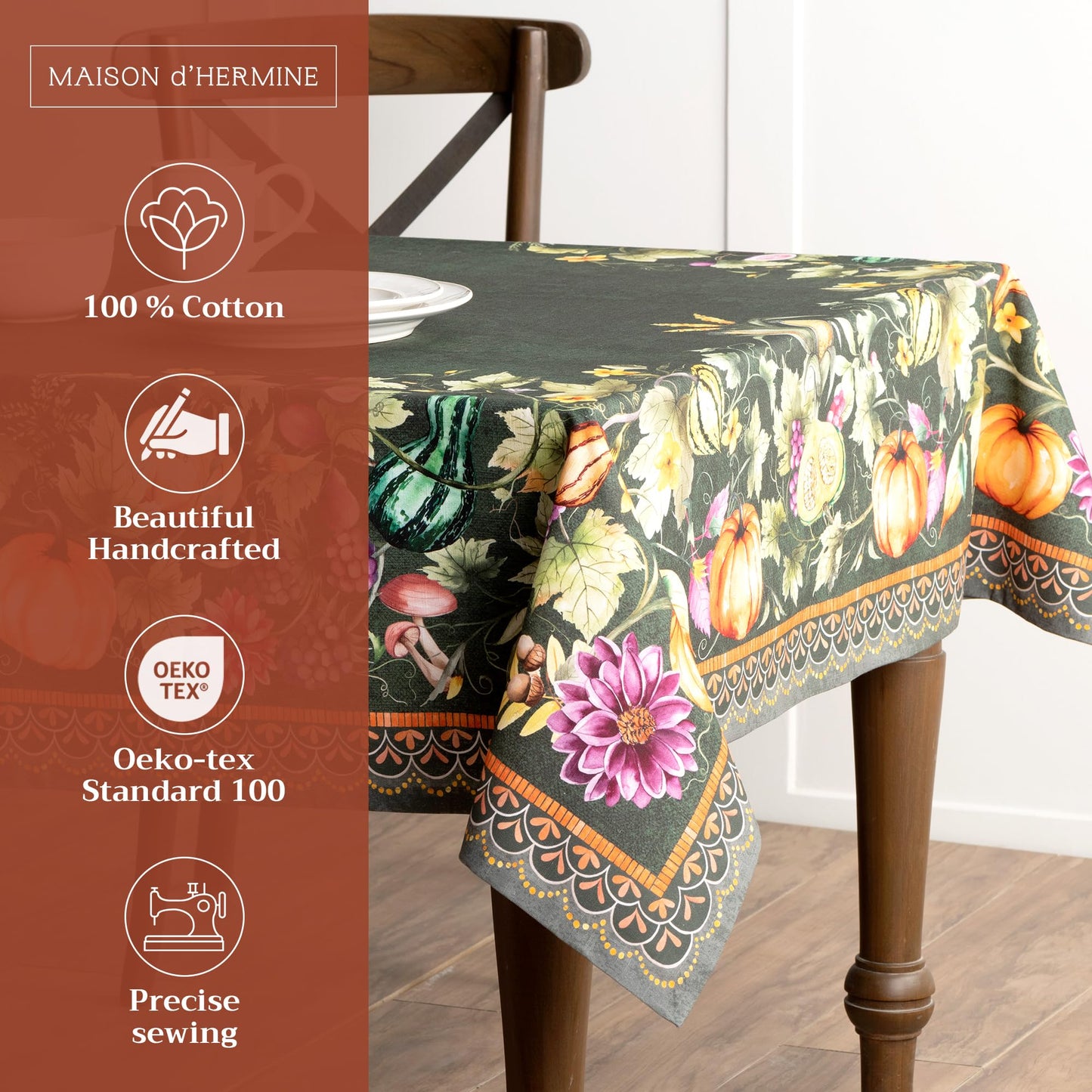Maison d' Hermine Table Cloth Rectangle Table 100% Cotton 70 x 90 Inches Fall Tablecloth Reusable Everyday Use for Thanksgiving Christmas Decorations Dining Farmhouse (Pumpkin Garden - Dark Green)