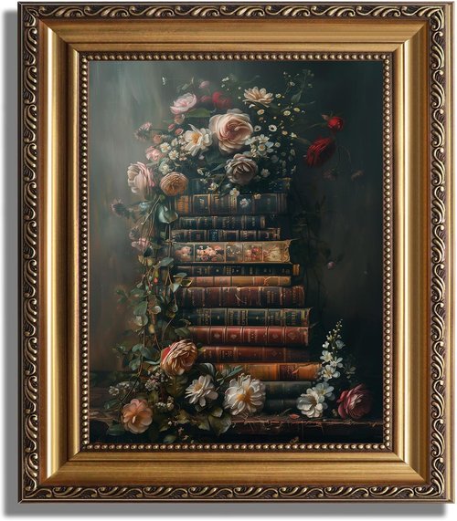 Framed Vintage Floral Wall Art - Moody Wildflowers Oil Painting | Rustic Dark Academia Decor 9''x12''