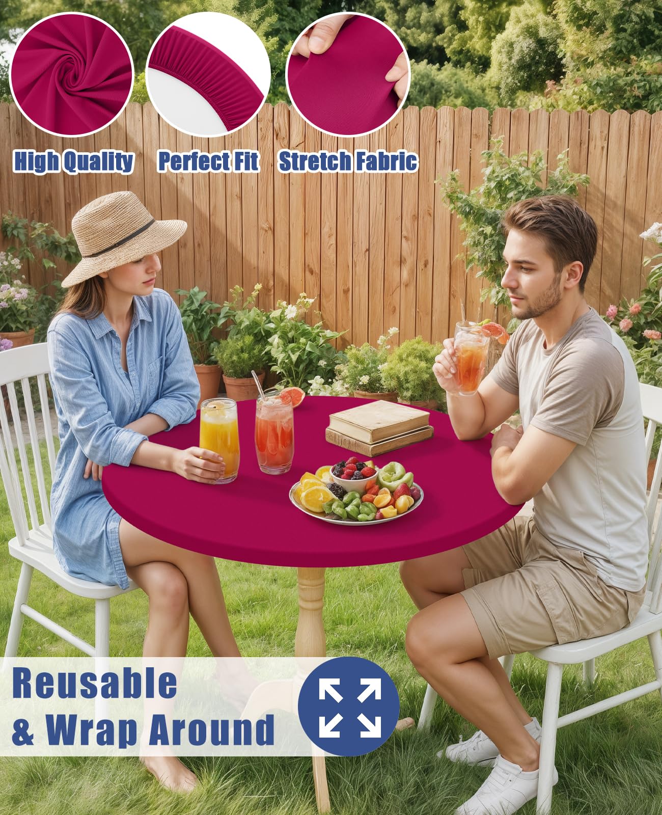 Moosfor Round Spandex Tablecloth, Elastic Fitted Waterproof Tablecloths for 18"-24" Tables, Stretch Washable Picnic Table Cover for Camping, Dining, Indoor and Outdoor, Fuchsia