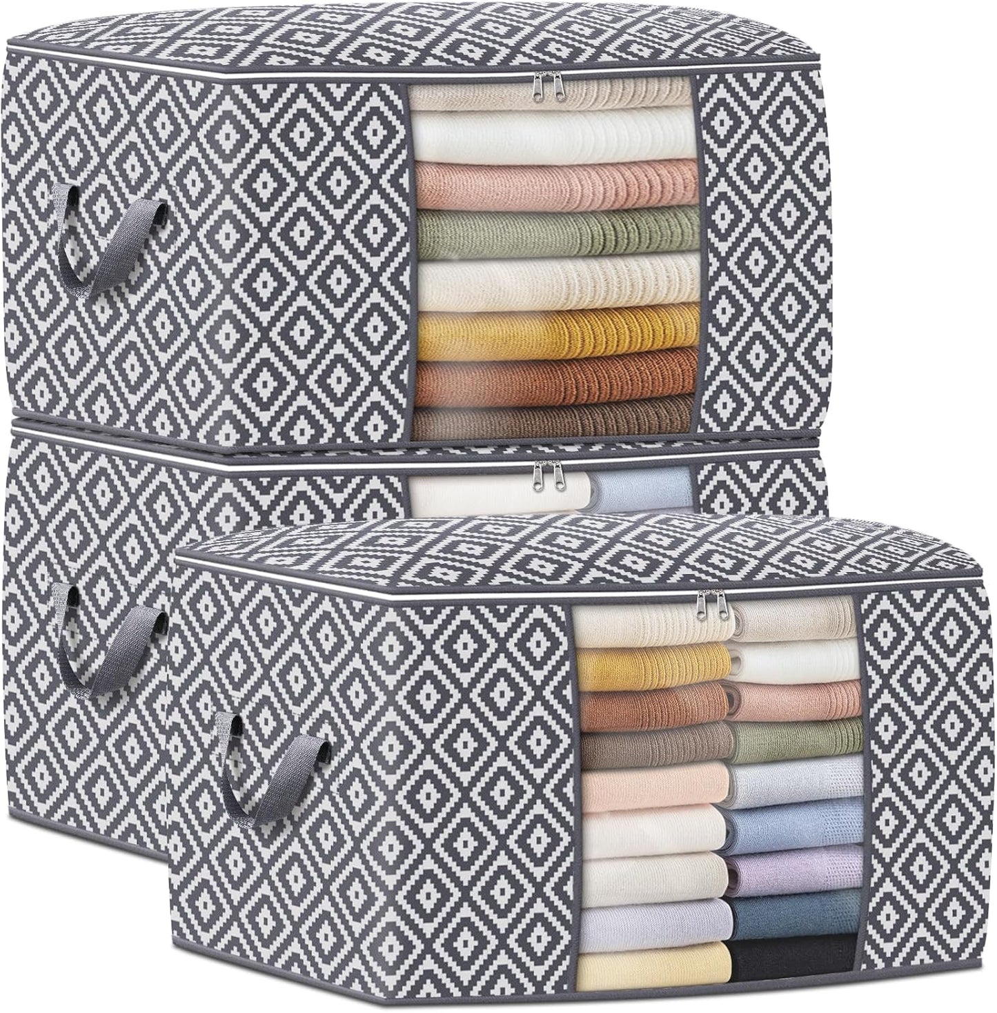 StorageTastic 100L Storage Containers - Large Foldable Bins with Clear Window & Reinforced Handle | Grey, 3 Pack