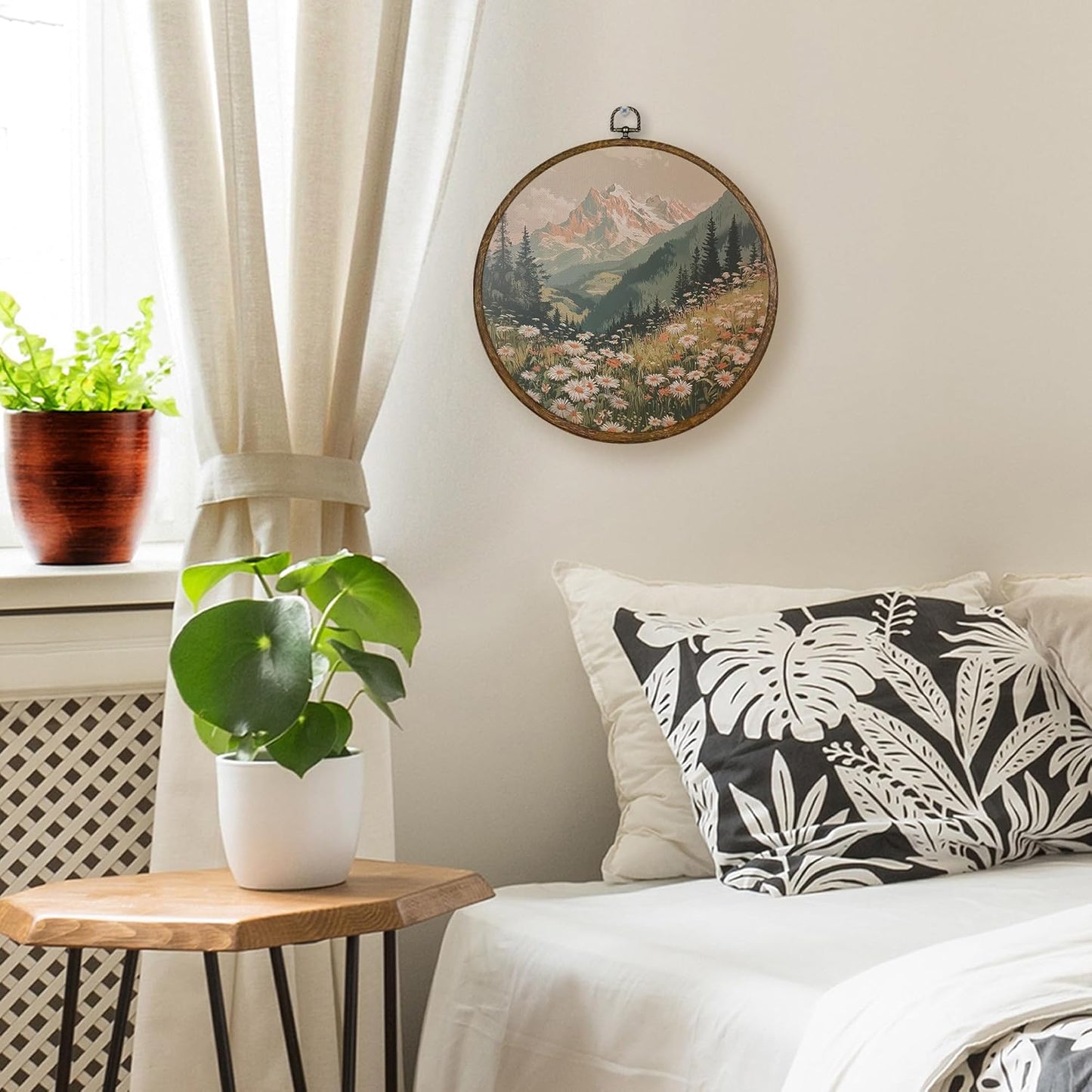 Qskjre Boho Wall Art - Vintage Mountain Flower Landscape Canvas Print | 10x10in Round Wood Frame