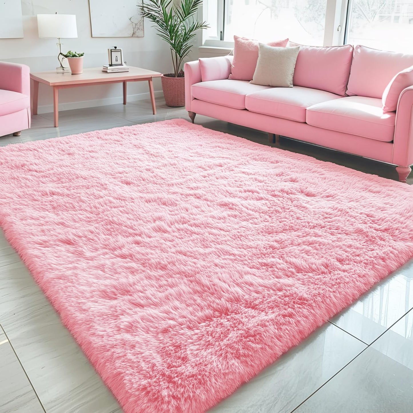 OLANLY Large 5x7 Machine Washable Area Rug - Soft Fluffy Shaggy Carpet for Living Room & Bedroom | Pink
