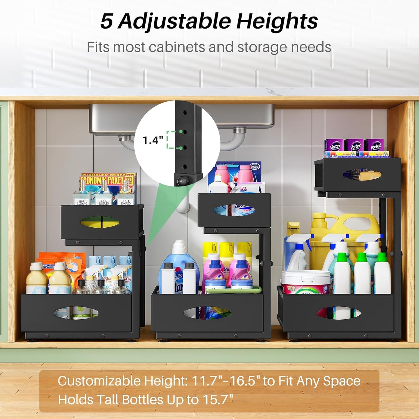 Under Sink Organizer | 2-Pack Metal Slide-Out Storage Shelf Rack - Adjustable Height, XL Black