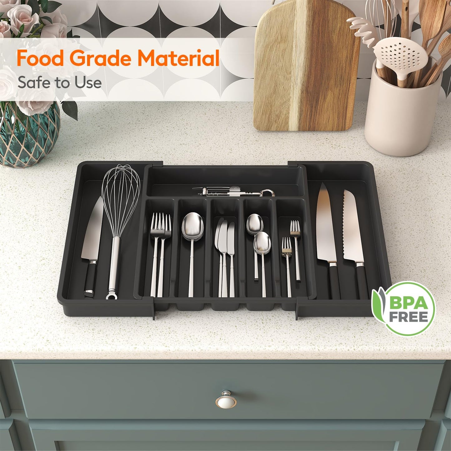 Lifewit Silverware Drawer Organizer, Expandable Utensil Tray for Kitchen, BPA Free Flatware and Cutlery Holder, Adjustable Plastic Storage for Spoons Forks Knives, 13-22 x 15", Black