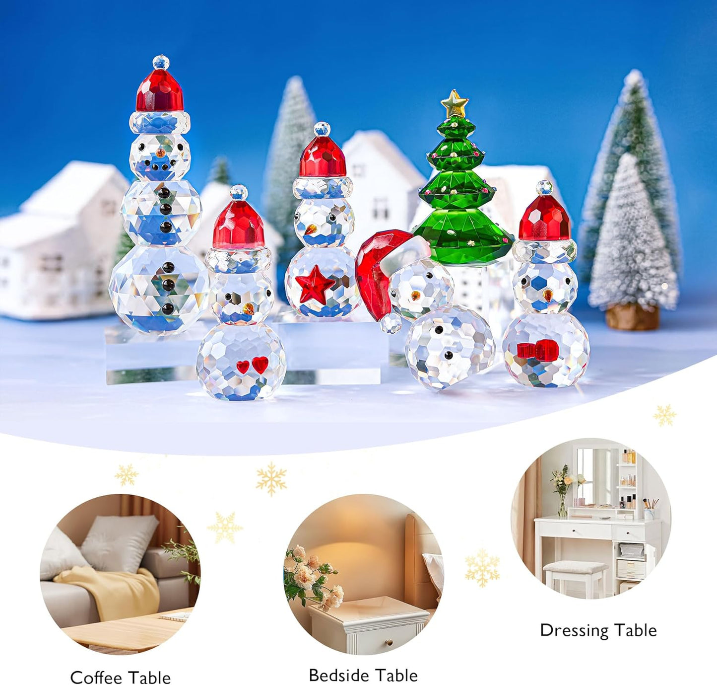 QFkris Crystal Snowman and Tree Figurines Set - Elegant Glass Christmas Decor | Small Tabletop Paperweights