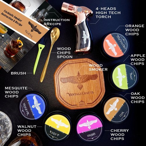 iEZZONE Whiskey Smoker Kit with Torch, Drinks| Cocktail Smoker Kit| Bourbon Smoker Kit with Torch,6 Flavor of Wood Chips,Old Fashioned Smoker Kit,Smoked Whisky Gift for Father's Day (No Butane Incl.)