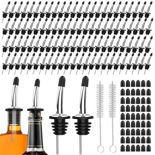 96-Pack Stainless Steel Pour Spouts for Liquor Bottles Oil Vinegar and Wine,Liquor Bottle Pourers with Rubber Dust Caps,Bar accessories,Pourers for Bartending