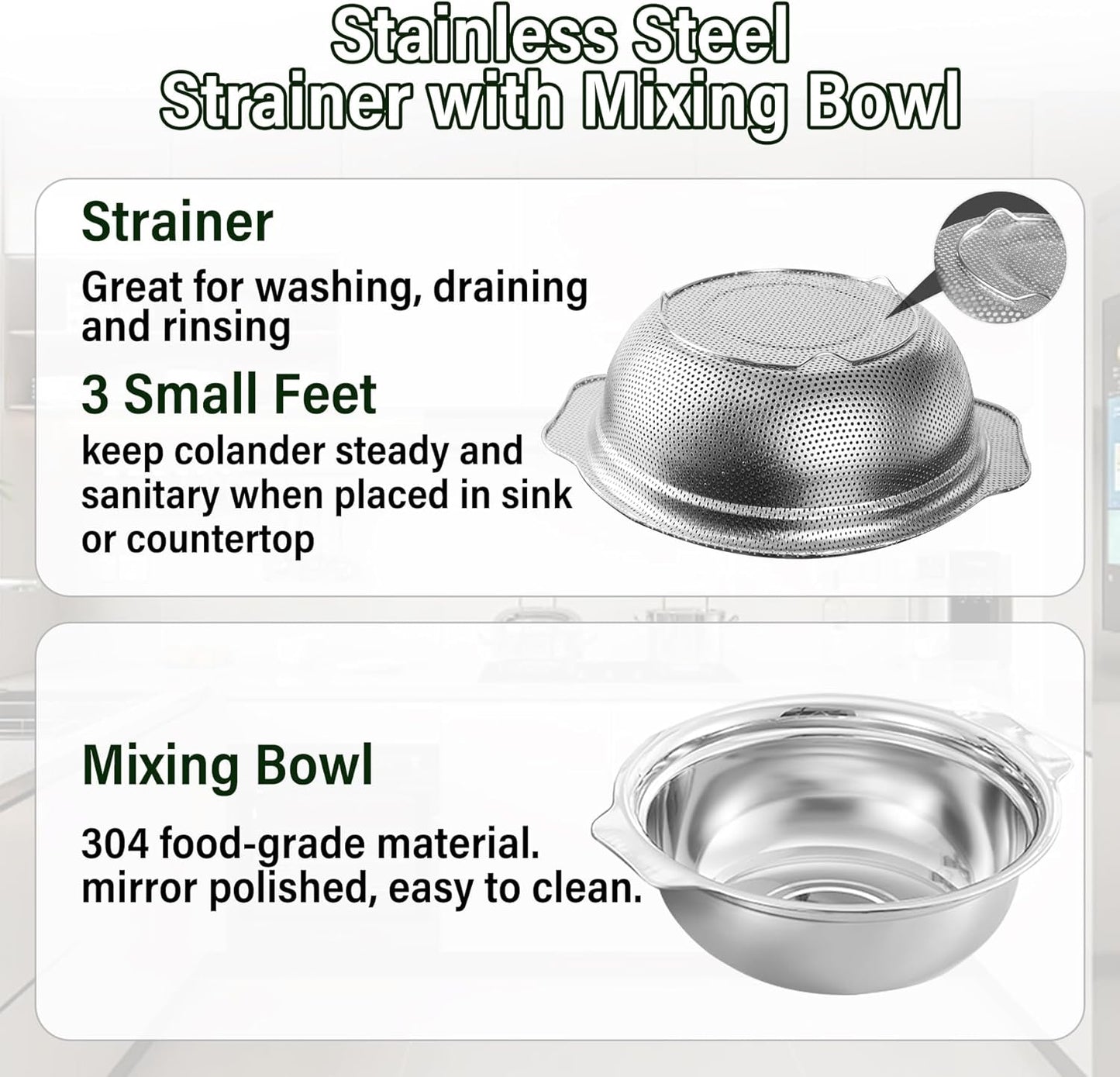 Skiennix Stainless Steel Colander Set - 2.5QT Rice Washer & Strainer with Mixing Bowl | Dishwasher Safe
