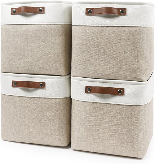 Bagnizer Storage Cubes - Collapsible Fabric Bins for Organizing | 11x11 Inches, 4-Pack, Beige & White