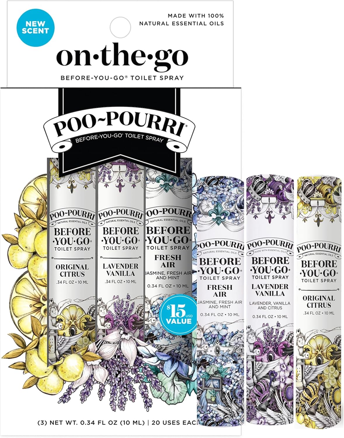 Poo-Pourri Before-You-Go Toilet Spray | Travel Essentials 3-Pack - TSA Approved, 0.34 Fl Oz Each, Odor Eliminator with Essential Oils