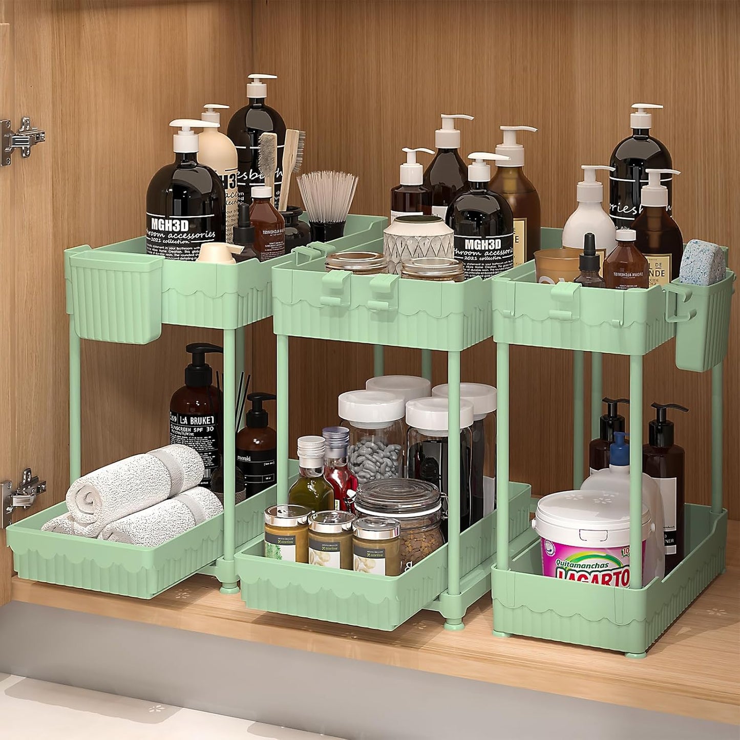 Sevenblue 3-Pack Under Sink Organizers - 2-Tier Kitchen & Bathroom Storage with Sliding Drawers | Green, 14.8 Inch