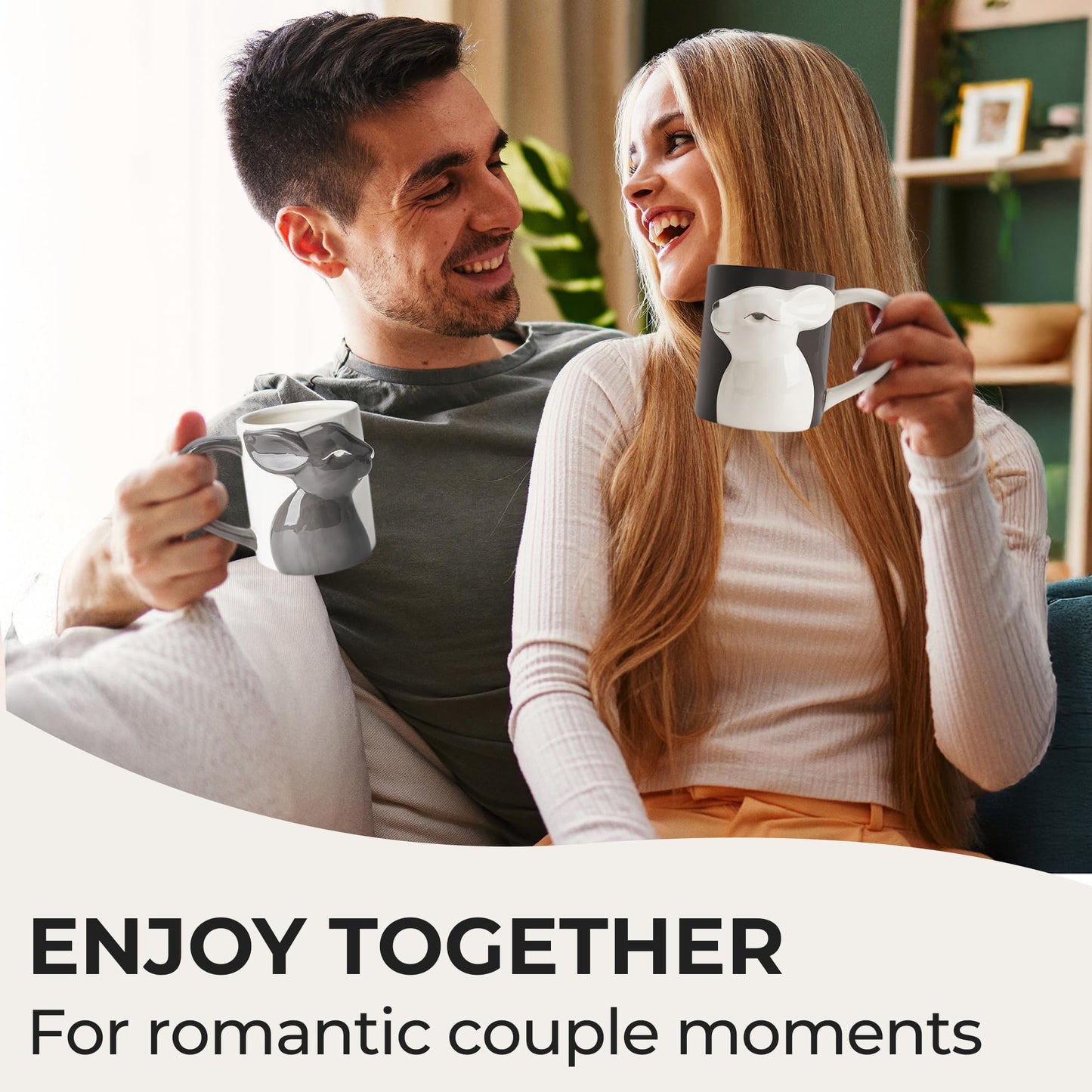 MIAMIO - Kissing Rabbit Mug Set of 2/13.5 oz Coffee Mug for Couples/Ceramic Coffee Cup Set/Gifts for Women/Men for Birthday, Easter or Christmas - Microwave- and Dishwasher Safe
