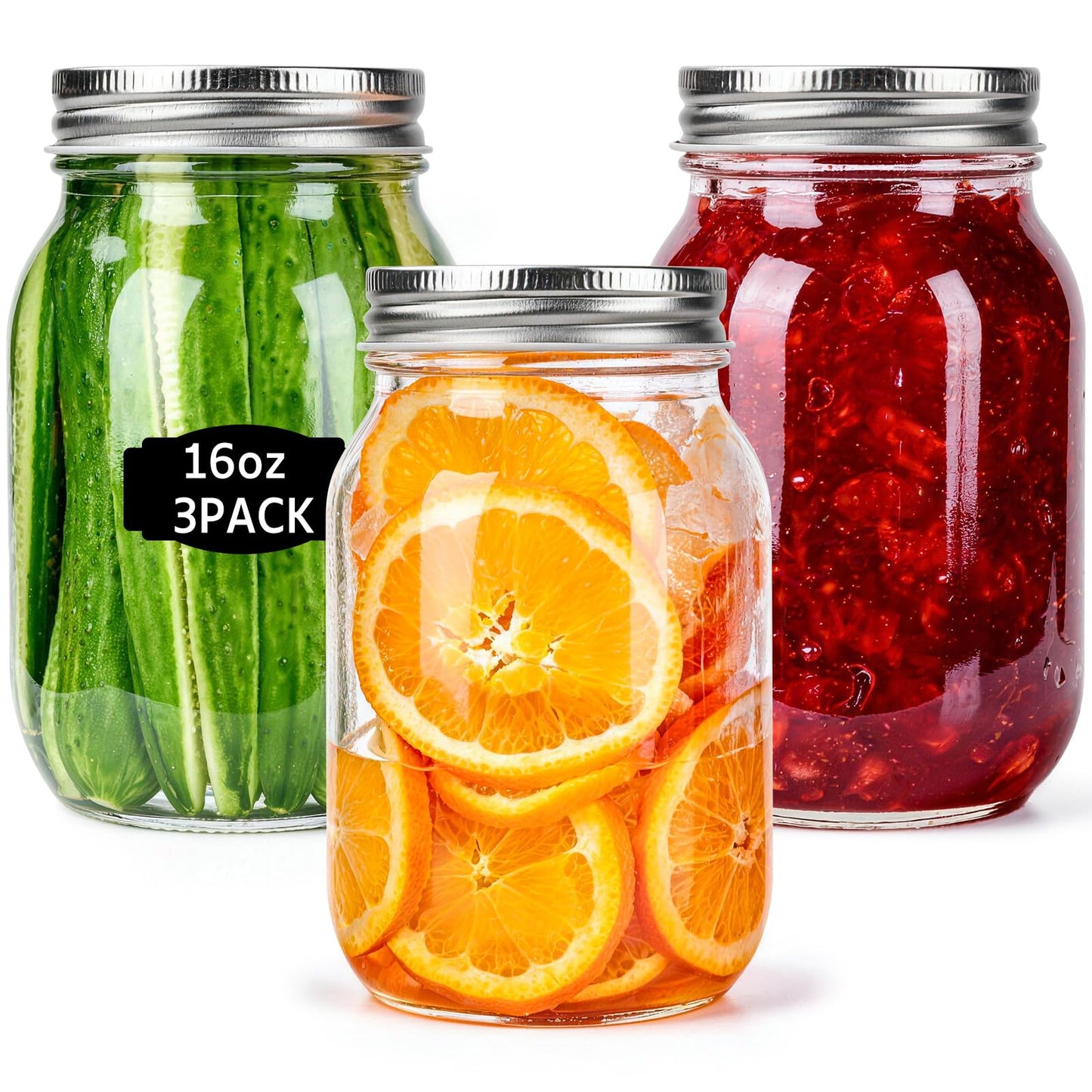 ODDMUCK Glass Mason Jars, 3 Pack 16oz Clear Glass Regular Mouth Canning Jars with Lids for Sealing, Ideal for Food Storage, Snacks, Candies, Jam, Honey, Wedding Favors, Shower Favors, DIY Projects