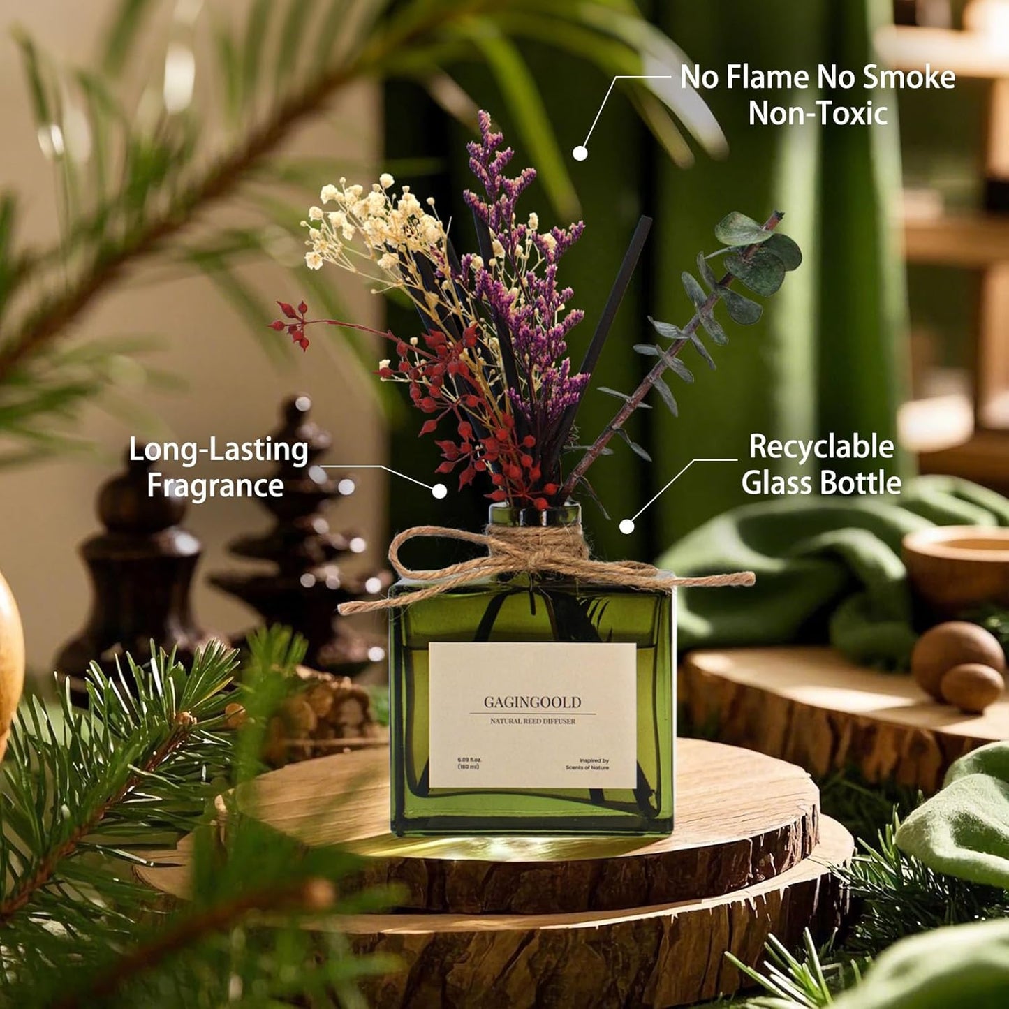 Reed | Earthy Sandalwood Scented Diffuser by [Brand Name] - 6.09 oz with Sticks & Dried Flowers, Lasts 120 Days