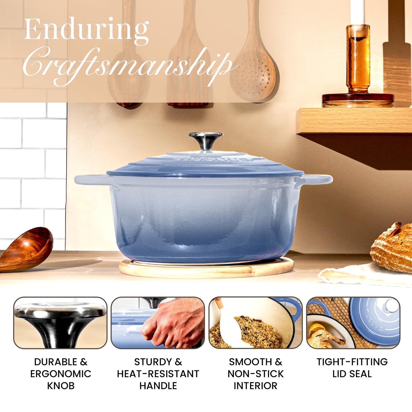 Nuovva Enamelled Cast Iron Dutch Oven Pot with Lid 6.4 Quart Non Stick Casserole Pot – Heavy Duty & Oven Safe up to 500° F for Bread Baking, Braising, Stews, Roasting – 28cm Costal Blue
