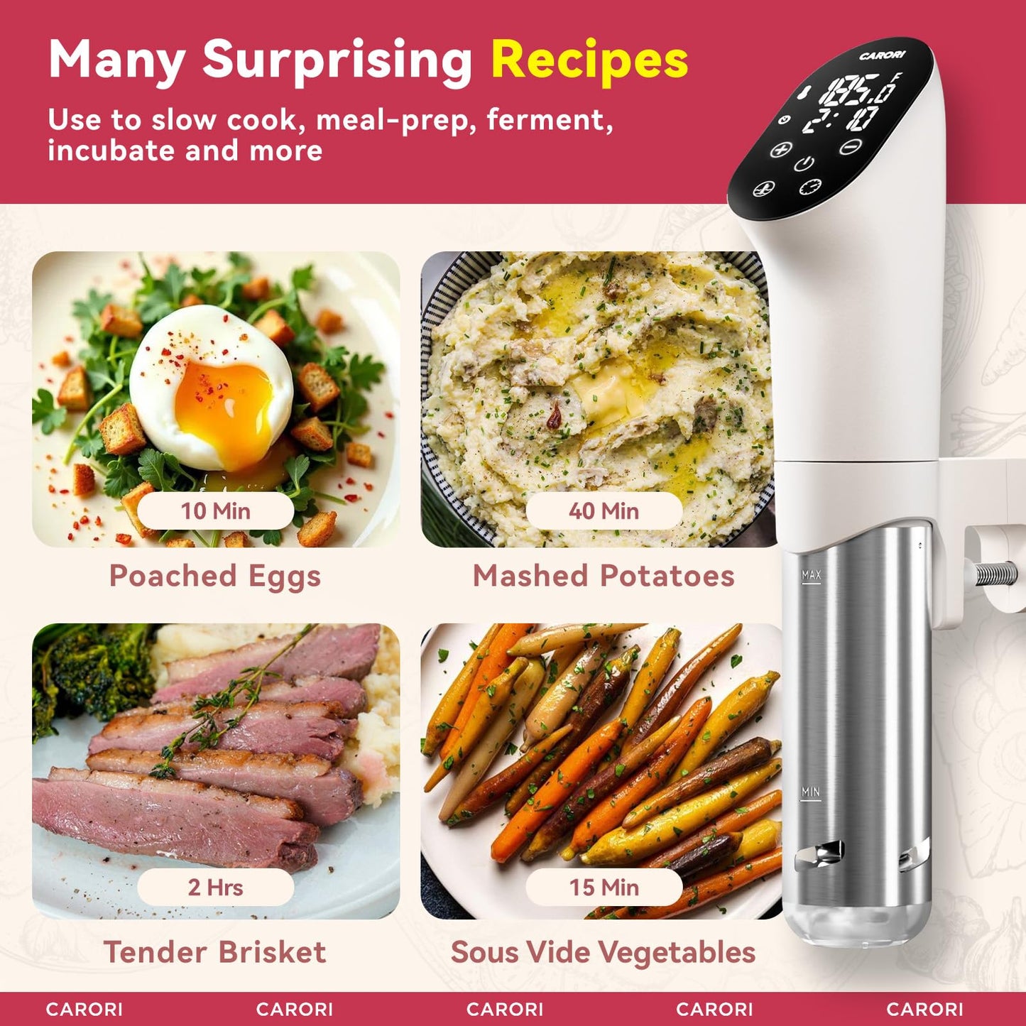 Carori Sous Vide Machine 1100W, Sous Vide Precision Cooker, Ultra Quiet Immersion Circulator with Recipes, Accurate Temperature and Time Control with Adjustable Clamp, Brushless Motor, White