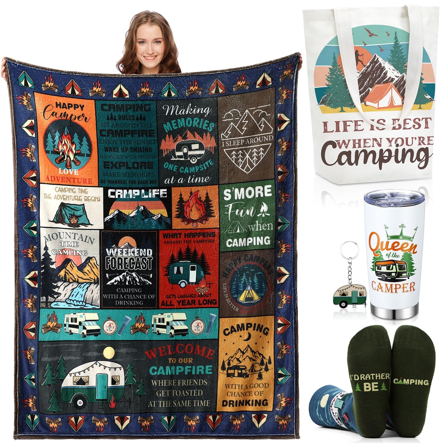 Hahafelt 5 Pcs Camping Blanket Set Gift Camping Stuff Camping Blanket Tote Bags 20 oz Stainless Steel Camping Cup Camping Socks Keychain for Camping Lover Gifts