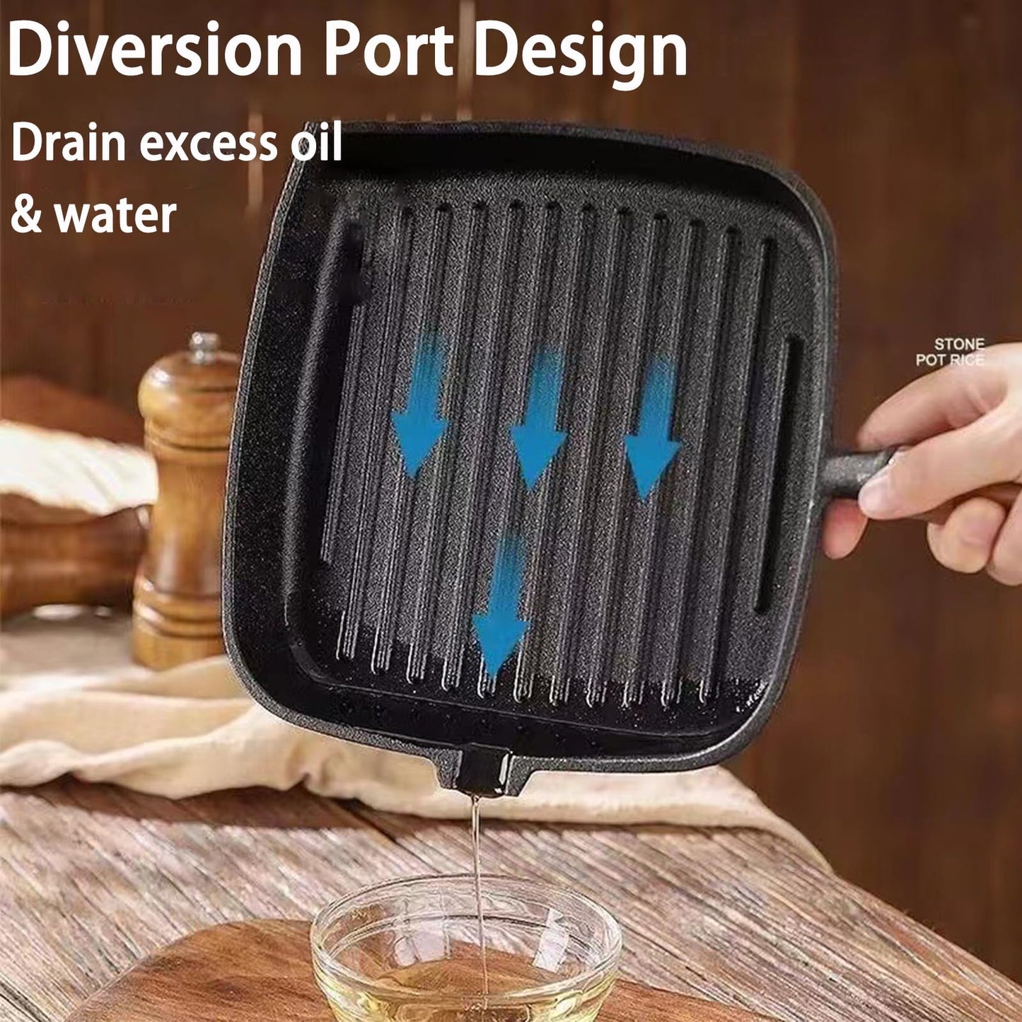 JUSTUP Nonstick Frying Pan,9.1 Inch Pre-Seasoned Cast Iron Square Grill Pan with Diversion Port,Steak Pot Breakfast Skillet for Bacon,Steak and Burgers (Black)