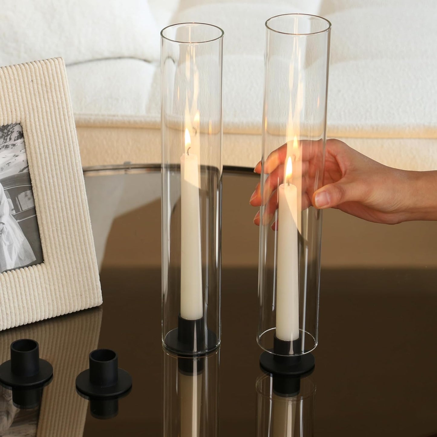 Vixdonos Glass Hurricane Candle Holders - Modern Taper Candlestick Set of 6 | 11.8-Inch Tall for Weddings & Parties