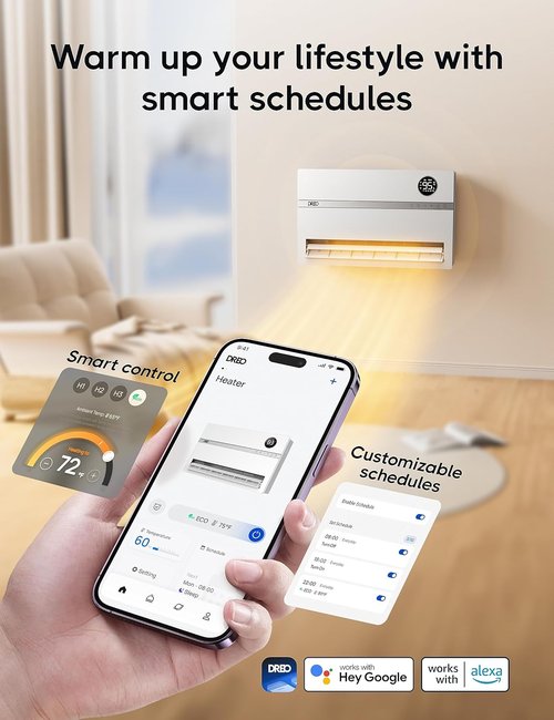 Dreo Smart Wall Heater - 1500W Electric Space Heater with 120° Oscillation & Remote Control | Indoor Use, Works with Alexa