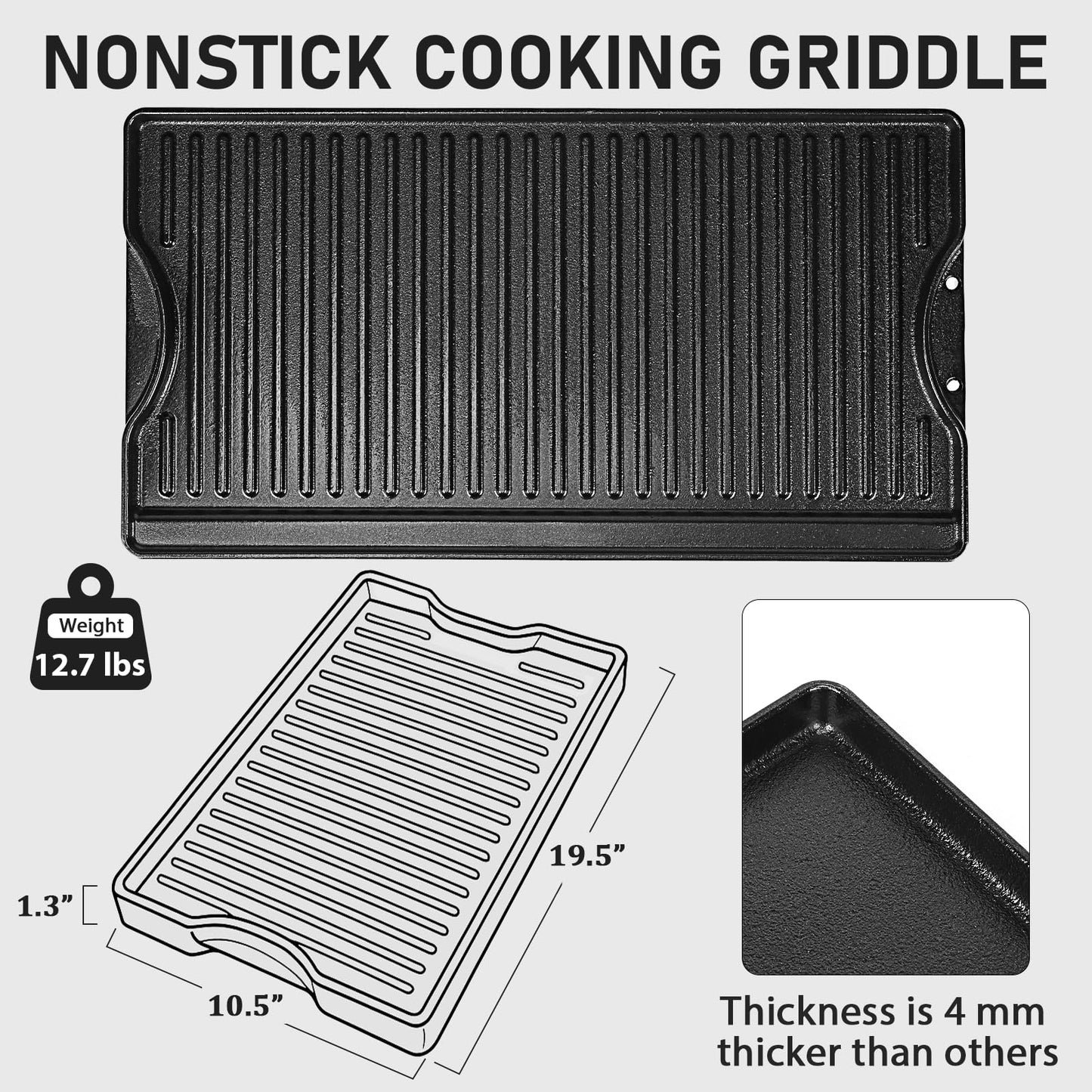 Utheer Nonstick Reversible Cast Iron Griddle 19.5"x 10.5", Ceramic Cooking Surface, Flat & Ribbed Sides, with High Sides & Grease Trap, Stovetop Griddle for Gas Grill, Charcoal, Oven & Outdoor BBQ