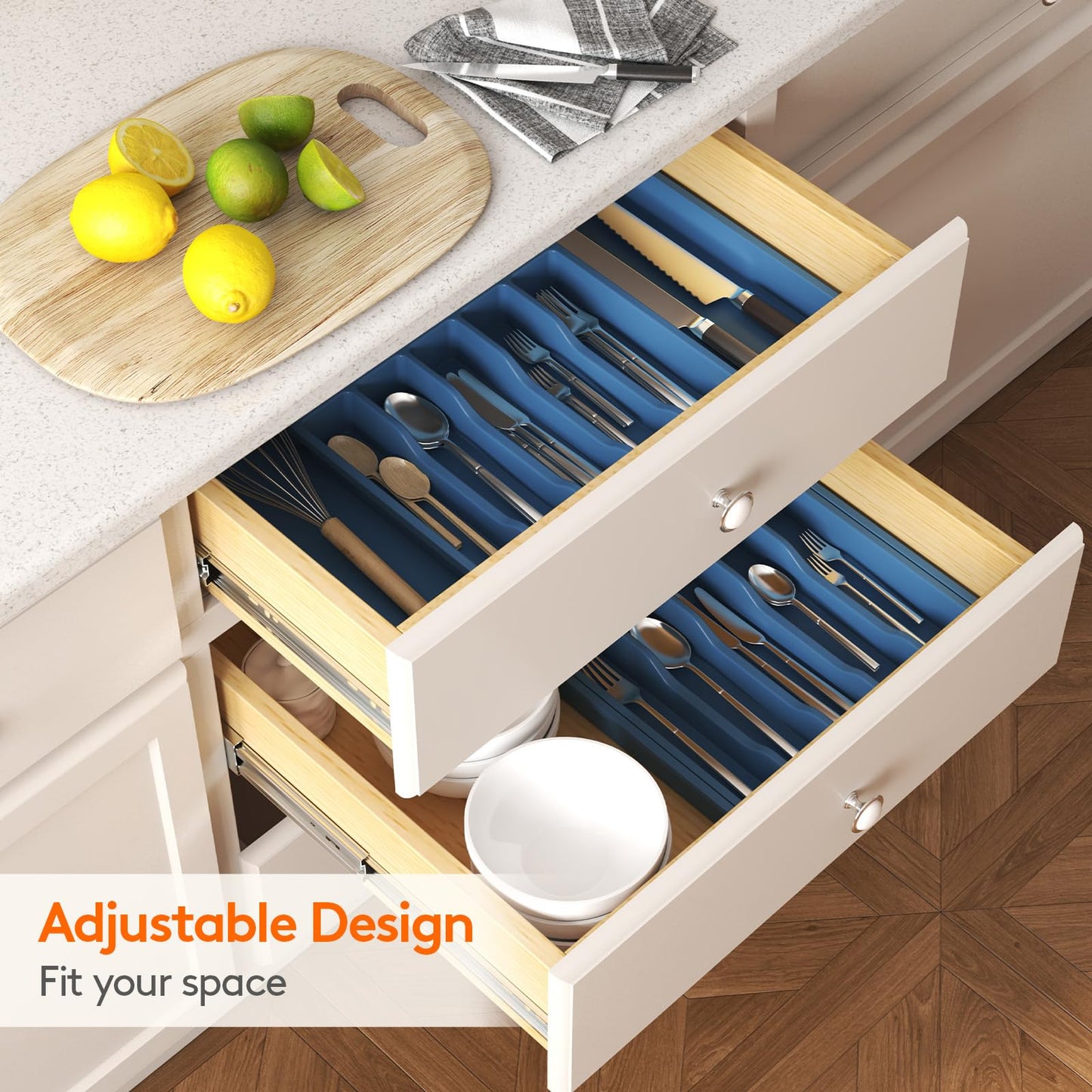 Lifewit Silverware Drawer Organizer, Expandable Utensil Tray for Kitchen, BPA Free Flatware and Cutlery Holder, Adjustable Plastic Storage for Spoons Forks Knives, 13-22 x 15", Dark Blue