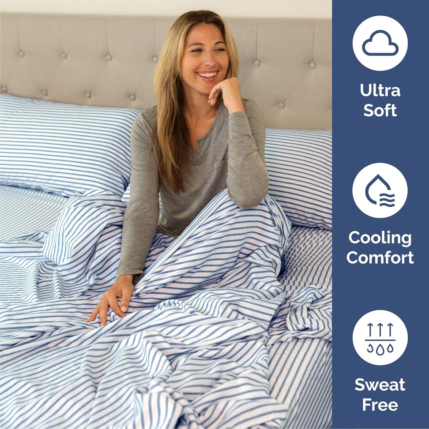 Skiennix Queen Size 4-Piece Sheet Set - Comfy, Breathable & Cooling Hotel Luxury Bedding - Deep Pockets, Soft, Wrinkle-Free - Blue Stripes