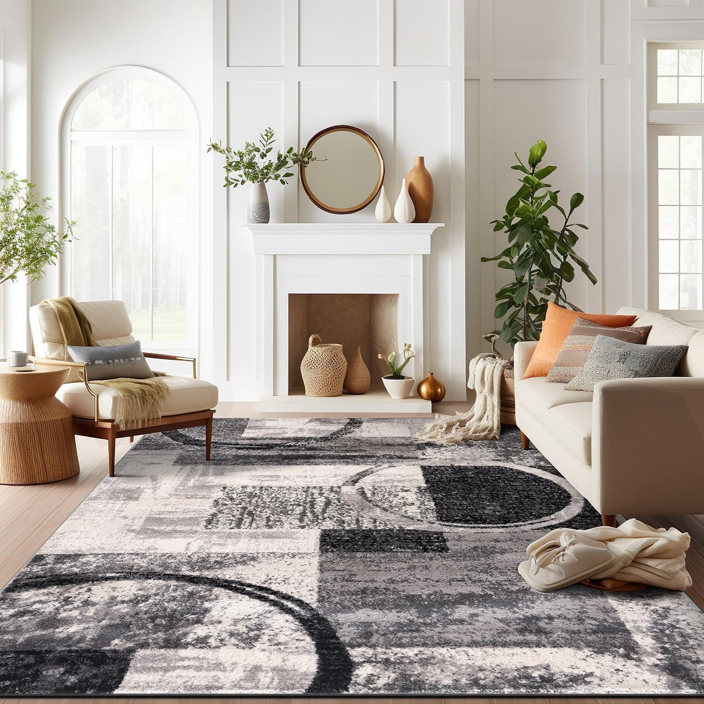 Rugshop Contemporary Abstract Circle Design Soft Area Rug 5'3" x 7'3" Cream