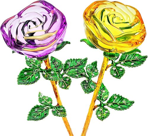 HDCRYSTALGIFTS Crystal Rose Flower Figurines - 9.5'' Purple & Yellow Glass Flowers | Romantic Gifts for Her