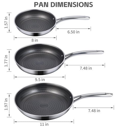 Ammeloo Hybrid Tri-Ply Stainless Steel Frying Pan Set, 8"/9.5"/11" Cooking Pans, Non Stick Frying Pans and Skillets, Chef Pan, Non Toxic, Dishwasher Safe, Induction Compatible, Black Interior