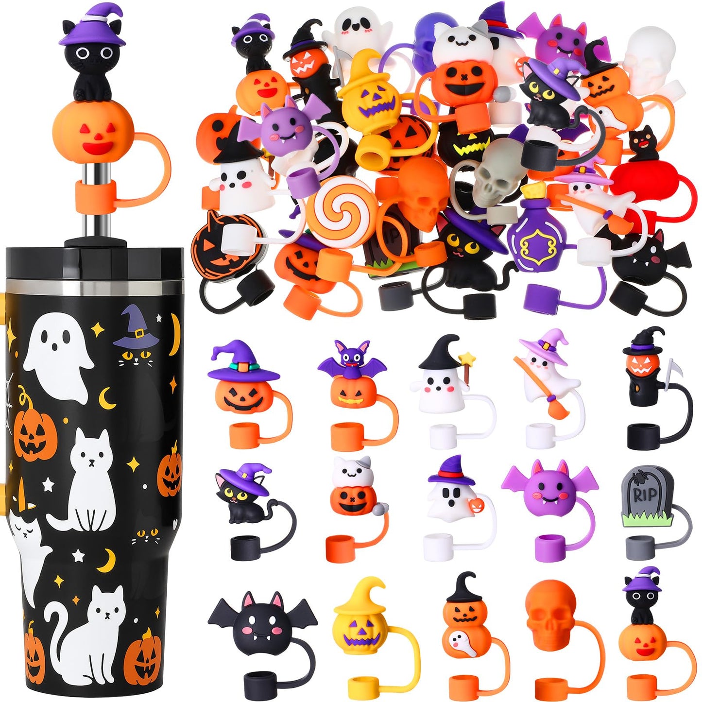 Honeydak 36 Pcs 3D Halloween Straw Toppers for Cup Silicone Straw Cover Cap for 30&40 oz Tumbler, 10 mm Silicone Toppers with Handle, Reusable Dustproof Tips Lids for Halloween Gifts Party Supplies
