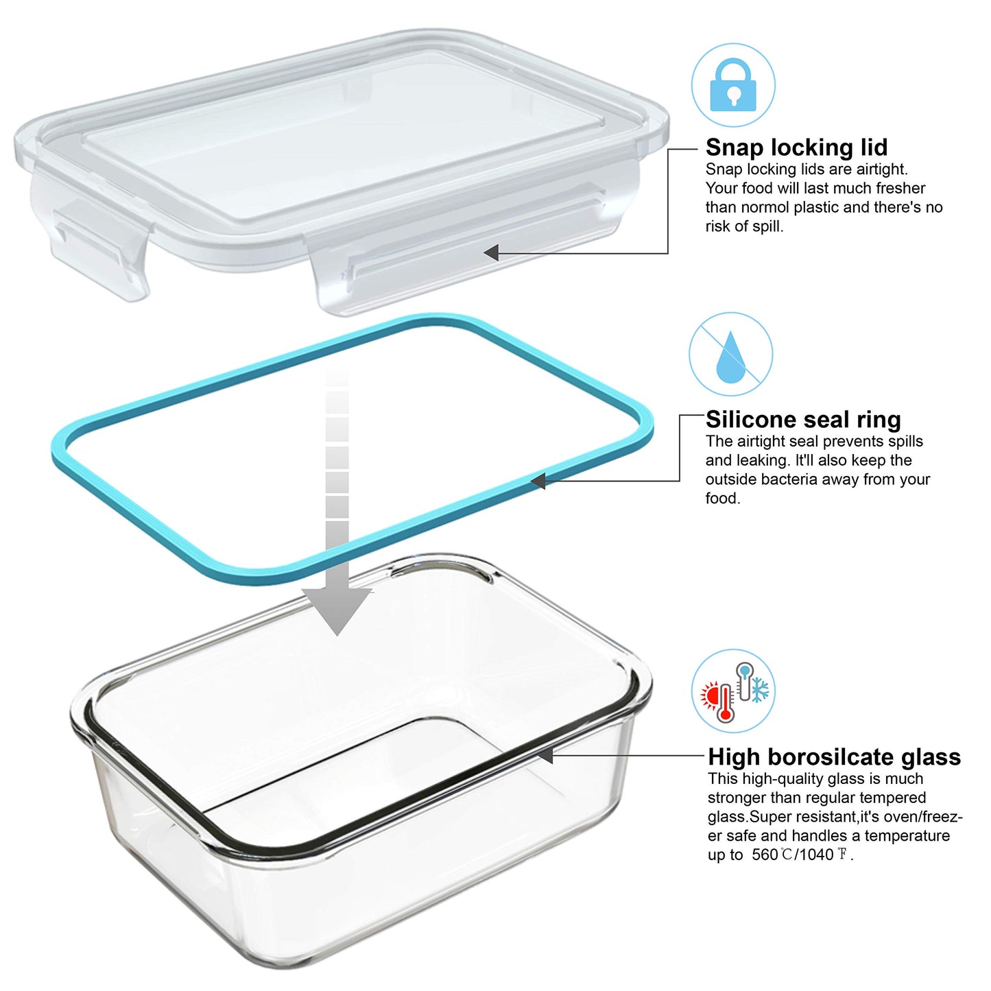 AILTEC Glass Food Storage Containers with Lids, [18 Piece] Glass Meal Prep Containers, Containers for Food Storage with Lids, BPA Free & Leak Proof (9 Lid & 9 Container)