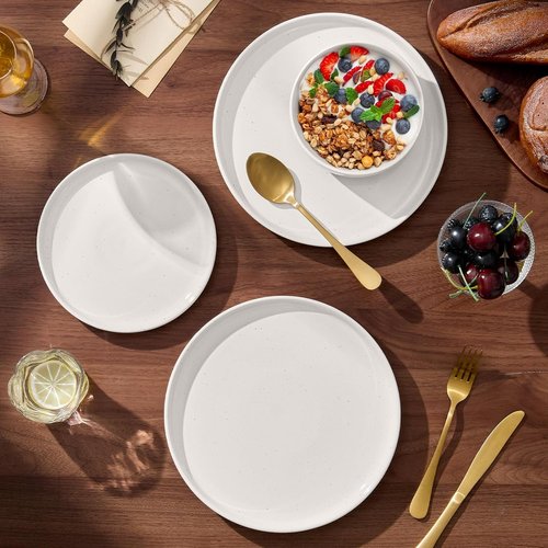 E-far 12-Piece Stoneware Dinnerware Set - Chip & Scratch Resistant, Microwave & Dishwasher Safe, Speckled White