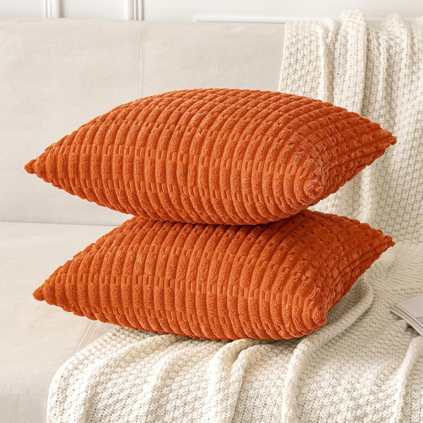 MIULEE Decorative Pillow Covers - Pack of 2 Orange Corduroy, 18x18 Inch Soft Boho Striped | Modern Farmhouse Decor