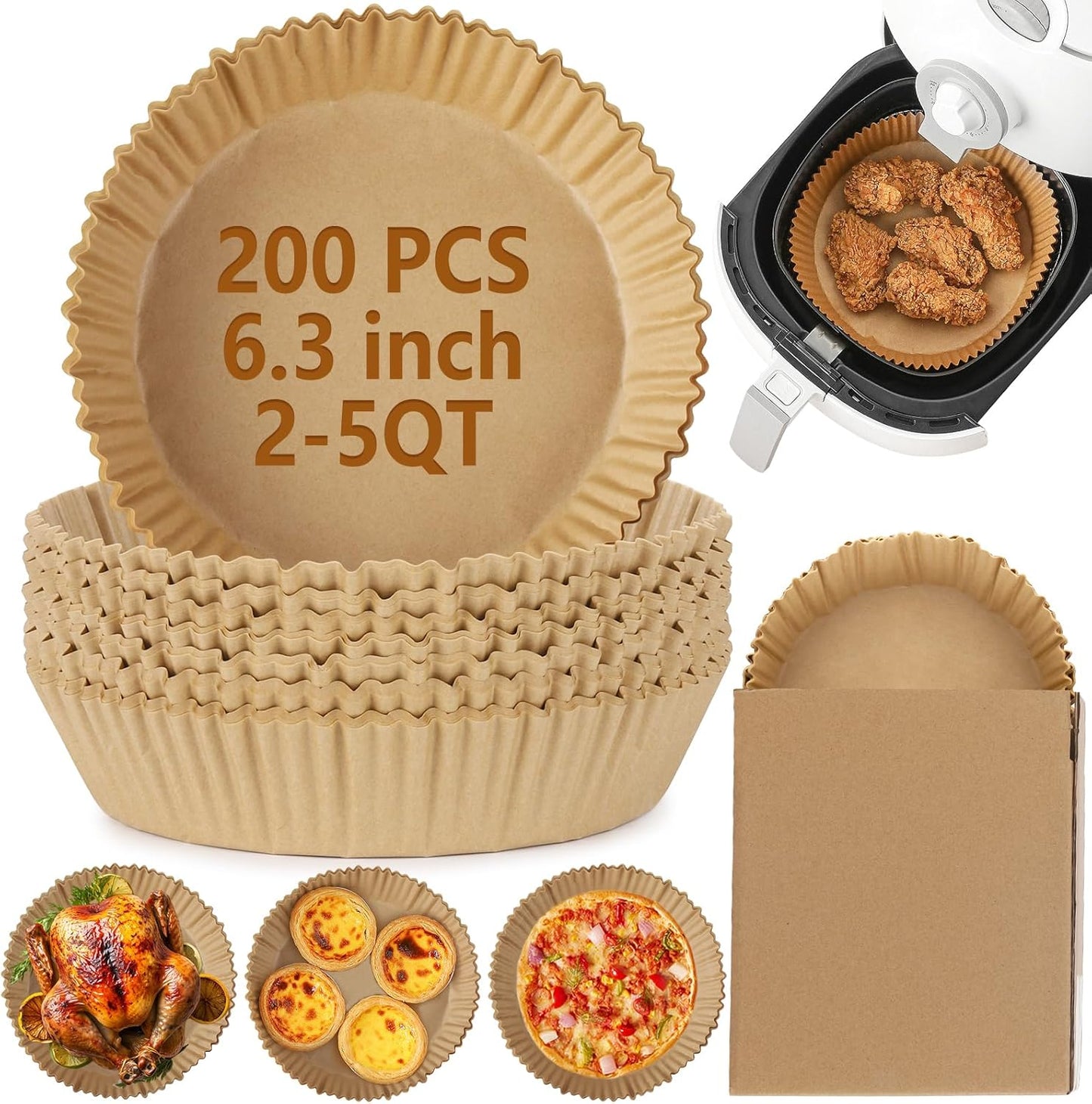 Skiennix Air Fryer Disposable Paper Liners - 200 Pcs Non-Stick Parchment for Baking & Roasting | 6.3 Inch