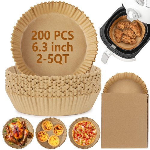 200Pcs Air Fryer Disposable Paper Liner, Round Non-Stick Air Fryer Liners Parchment Paper for Baking Roasting Microwave Oven (6.3 inch)