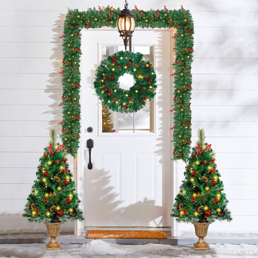 Juegoal Christmas Decorations - 4-Piece Pre-Lit Artificial Entrance Trees Set with Wreath & Garlands | 8 Lighting Modes & Timer for Festive Home Decor