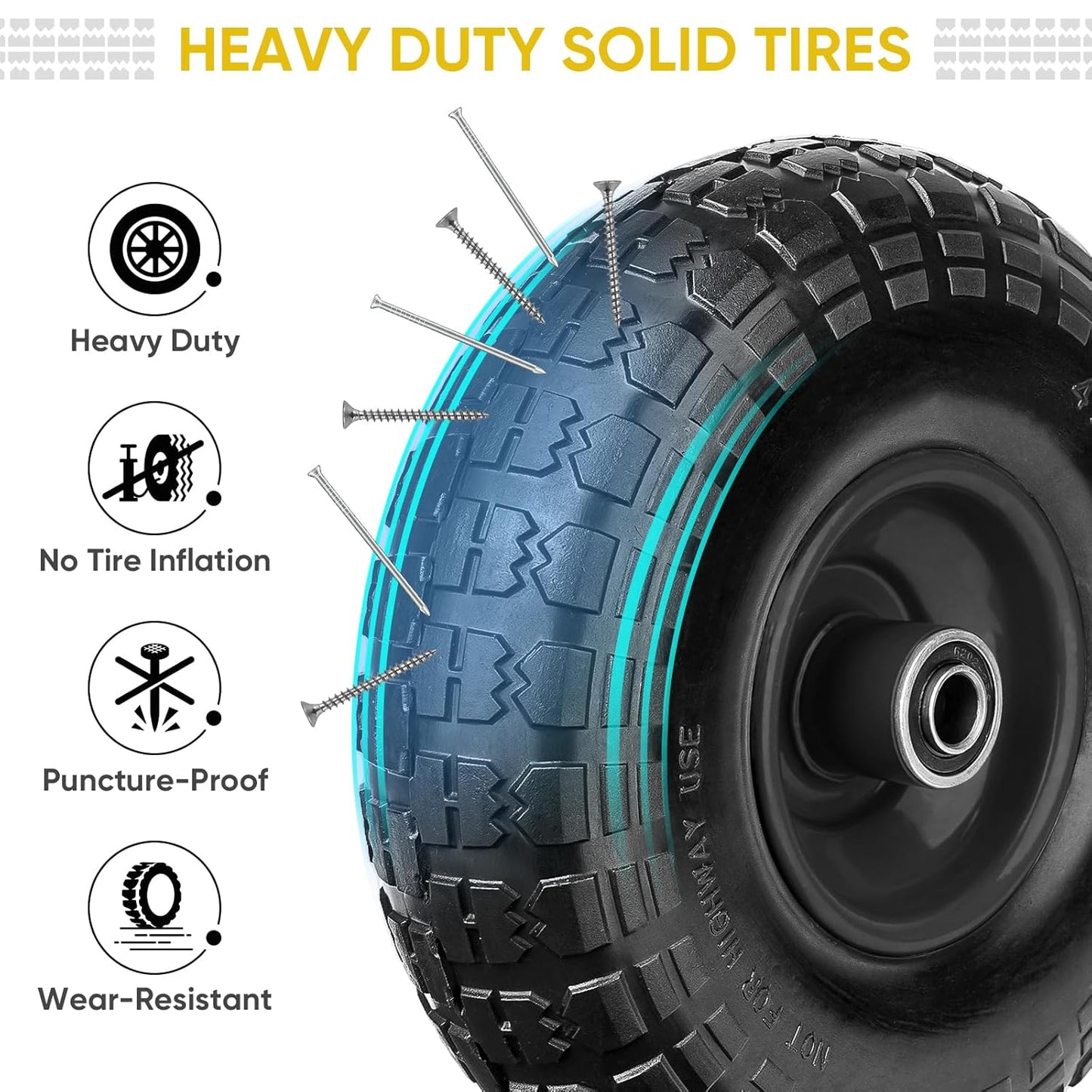 TICONN 10" Solid Tires - Flat Free 4.10/3.50-4'' Wheels with 5/8” Axle Bore & Double Sealed Bearings | Black, 2 Pack